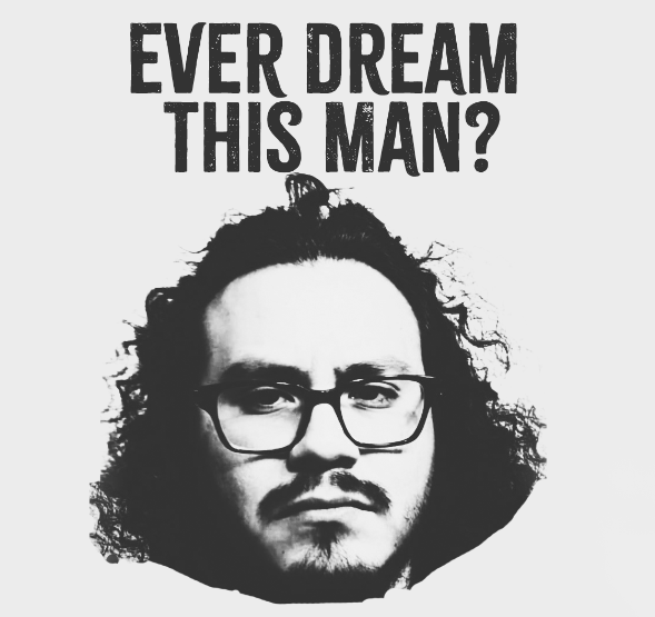 Black and white sketch of a man with glasses and curly hair